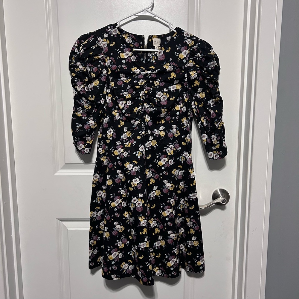 NWT La Vie Rebecca Taylor Black Multicolor Posey Floral Print Rouch Dress